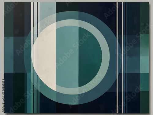 Image is a digital abstract artwork featuring a geometric pattern composed of various shapes, including circles, semi-circles, and rectangles. The layout is a grid-like arrangement with a harmonious