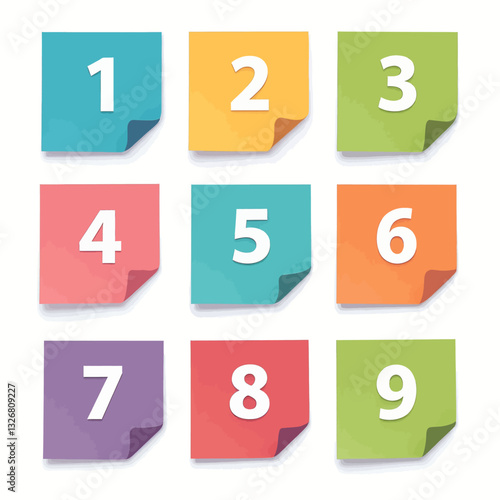 Colorful sticky notes with numbers one through nine