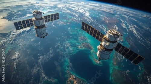 Two advanced satellites are positioned in low Earth orbit, actively collecting geospatial data. They transmit telemetry and conduct detailed analysis for enhanced surveillance capabilities.