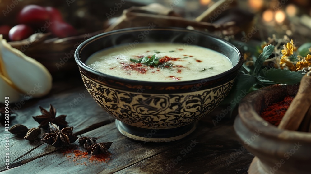Aromatic Herbal Cream Soup in Rustic Bowl Aromatic Herbal Cream Soup in Rustic Bowl