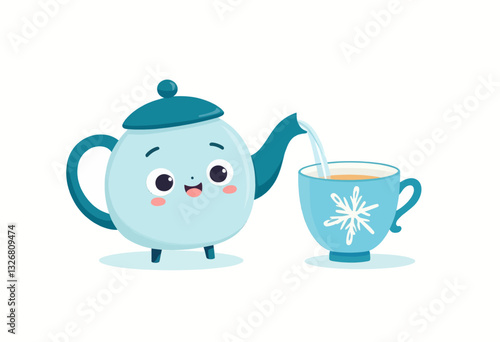 Cute Blue Teapot Pouring Tea Into Snowflake Mug