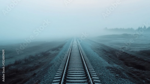 Misty Railway Tracks Stretching into the Distance in a Foggy Landscape