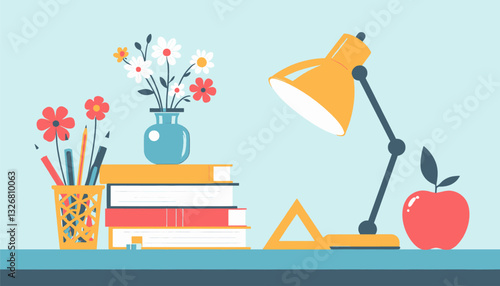 Desk Still Life With Books, Lamp, Apple, Flowers