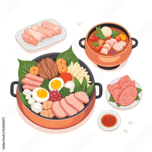 Diverse Hot Pot with Broth, Meats and Various Toppings