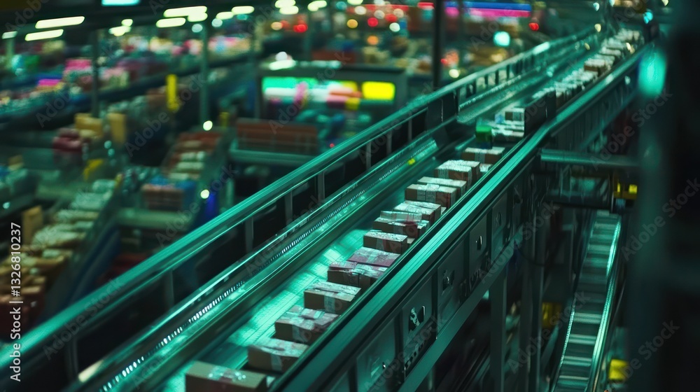 Automated conveyor belt transporting packages in a warehouse Automated conveyor belt transporting packages in a warehouse
