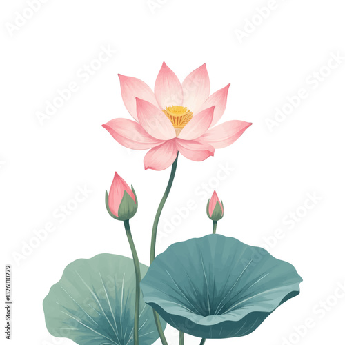 Elegant pink lotus flower with buds and green leaves