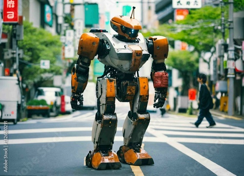 A  giant robot in the city on road crossing 