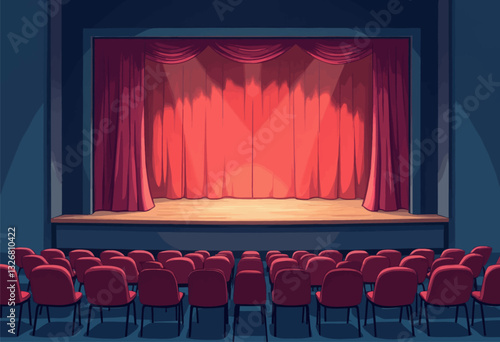 Empty theatre with red velvet curtain and chairs