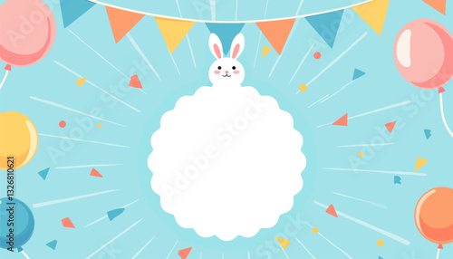 Festive bunny frame on light blue with balloons and pennants