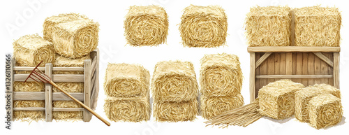 Hay bales, wooden crate, farm. Rural harvest scene