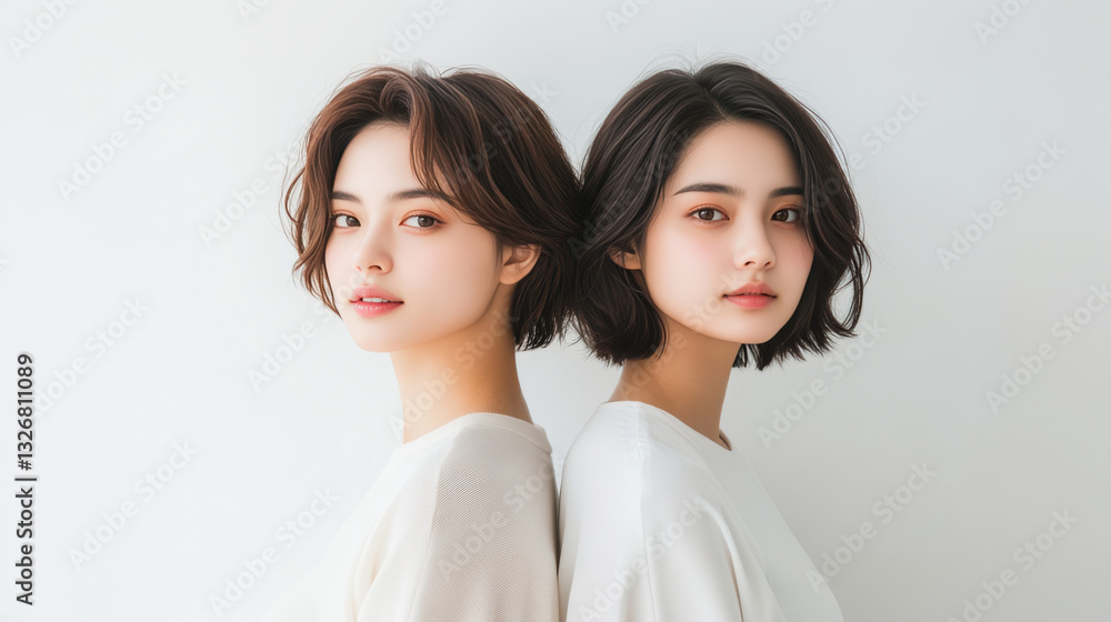 Two young Chinese women with short hair, wearing light colored tops, standing back to back against neutral background, exuding calm and serene vibe. Two young Chinese women with short hair, wearing light colored tops, standing back to back against neutral background, exuding calm and serene vibe.