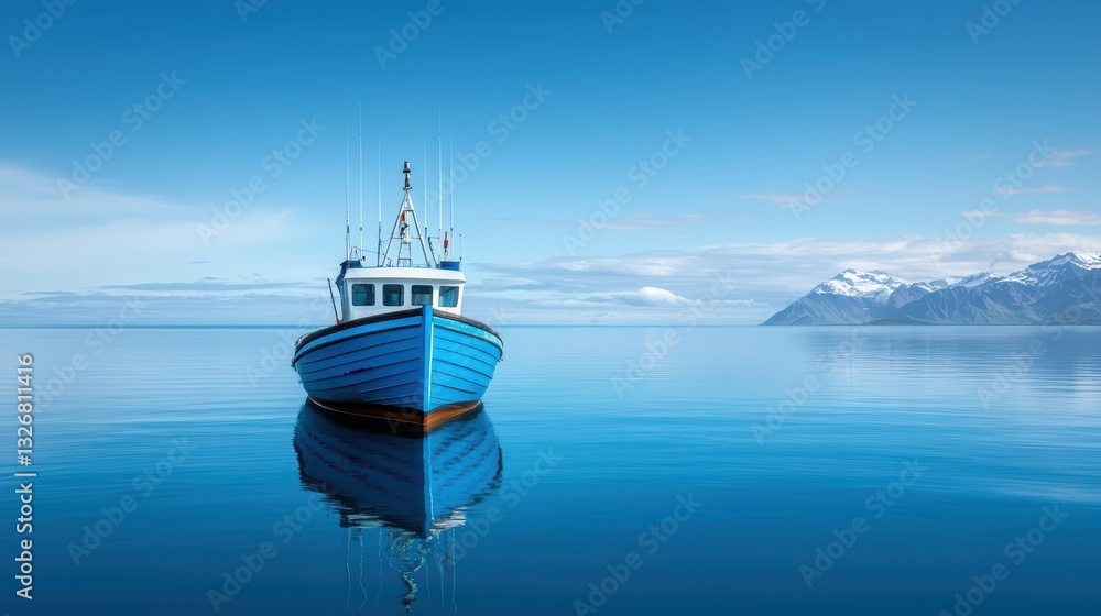 Obraz premium Tranquil fishing boat on calm blue waters