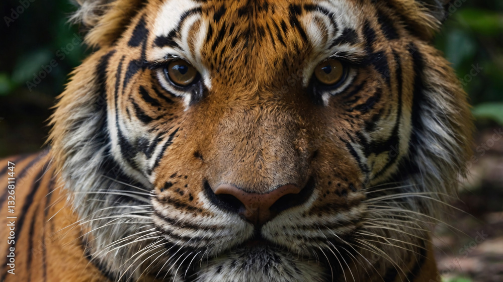This image showcases a close up of a tiger's face. The tiger has a rich, orange brown coat with distinctive black stripes and white markings around its eyes and muzzle. This image showcases a close up of a tiger's face. The tiger has a rich, orange brown coat with distinctive black stripes and white markings around its eyes and muzzle.