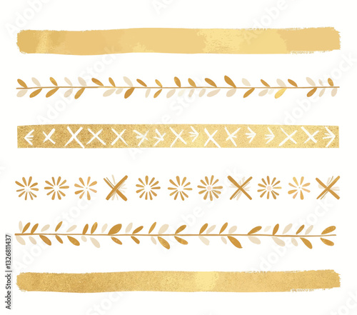 Golden decorative brush stroke borders, vector set