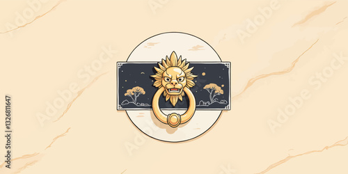 Golden Lion Door Knocker on Starry Night Background