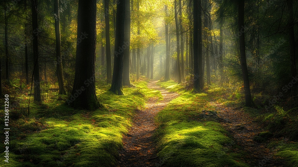 Fototapeta premium Serene Forest Pathway Surrounded by Lush Greenery and Soft Sunlight Filtering Through Trees