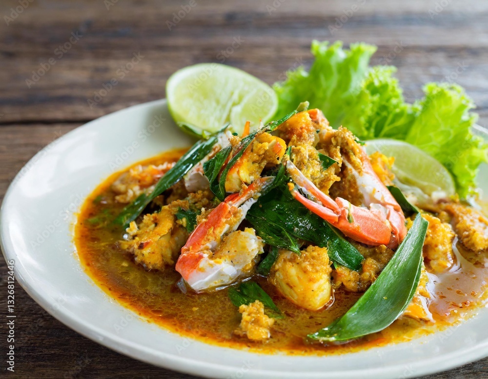 Stir-Fried Crab Meat with Curry Powder, Authentic Thai Seafood Cuisine on Dish Stir-Fried Crab Meat with Curry Powder, Authentic Thai Seafood Cuisine on Dish