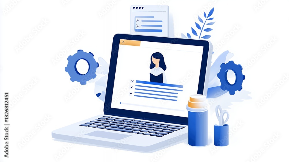 Isometric Illustration of a Woman's Profile on a Laptop Screen with Blue and Gray Accents Isometric Illustration of a Woman's Profile on a Laptop Screen with Blue and Gray Accents