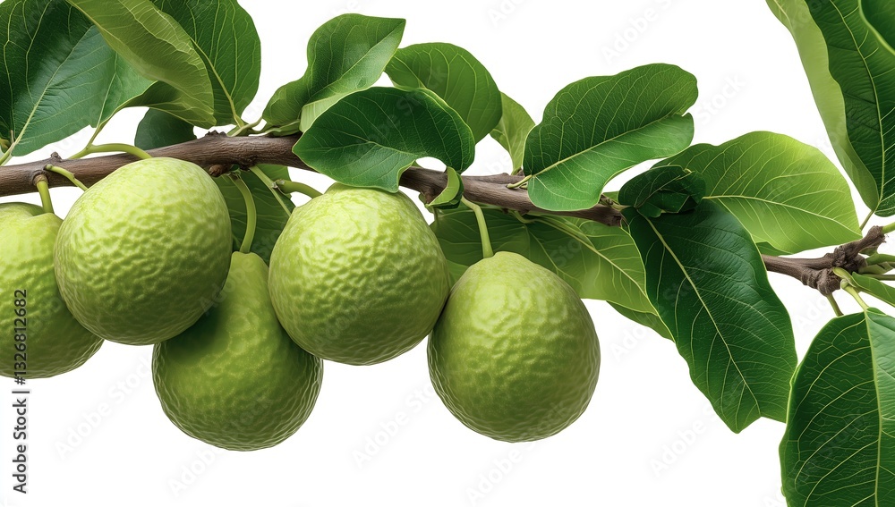 Fresh green guavas on branch with leaves isolated on white background. Fresh green guavas on branch with leaves isolated on white background.