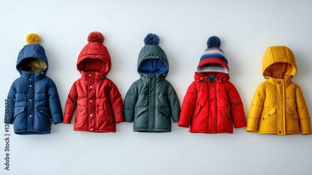 A selection of winter coats and hats for kids, arranged neatly on a white background, leaving ample space for creative designs or promotional content. A selection of winter coats and hats for kids, arranged neatly on a white background, leaving ample space for creative designs or promotional content.