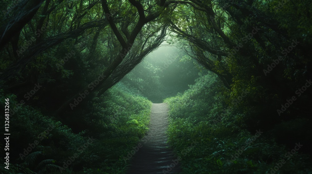 Fototapeta premium Enchanted Forest Pathway Surrounded by Lush Greenery and Mystical Foggy Atmosphere
