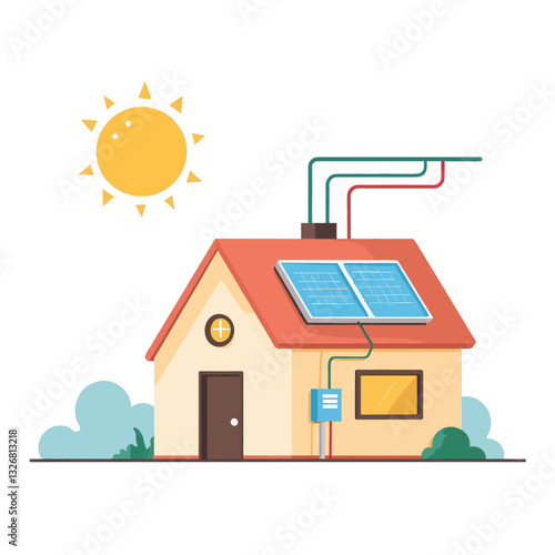 Illustration of house with solar panels and bright sun