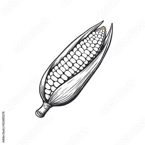 Ink Drawing of Corn on the Cob with Husk