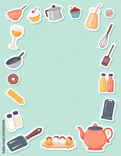 Kitchen sticker border on pale blue background
