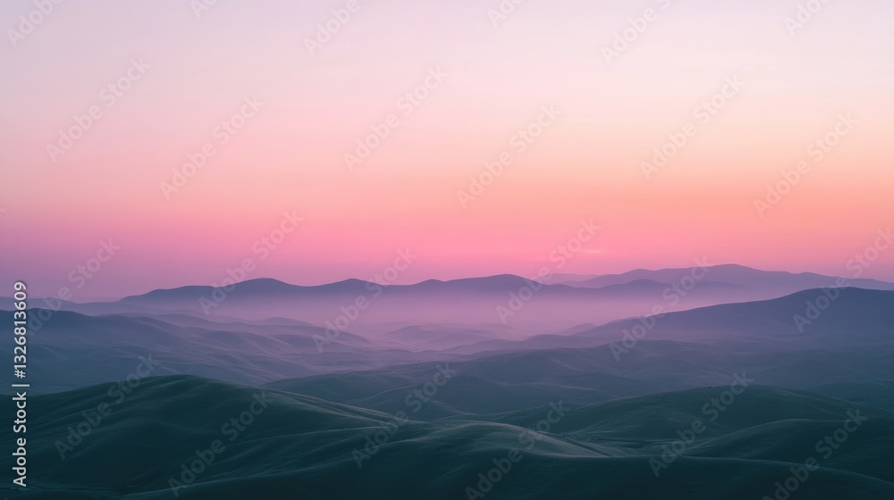 Fototapeta premium Serene Landscape with Soft Colors at Dawn Over Rolling Hills and Gentle Mountain Silhouettes