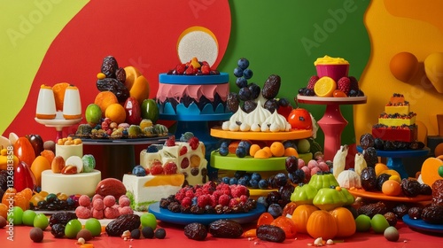 Colorful Cakes and Fruits Festive Dessert Table