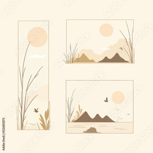 Minimalist framed landscape illustrations, tan tones