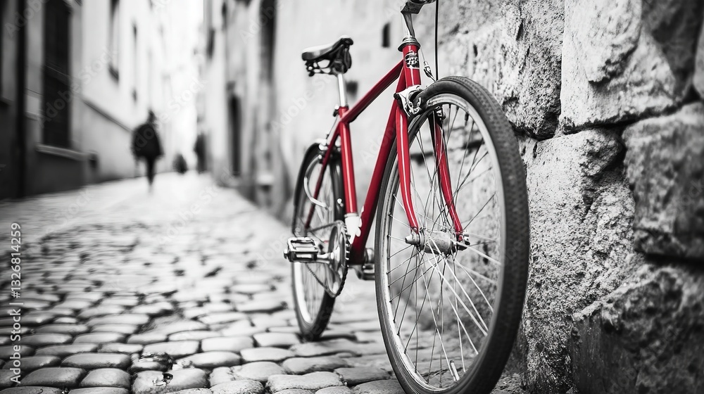Retro red bicycle by a cobblestone wall, black and white tones evoke timeless nostalgia.
