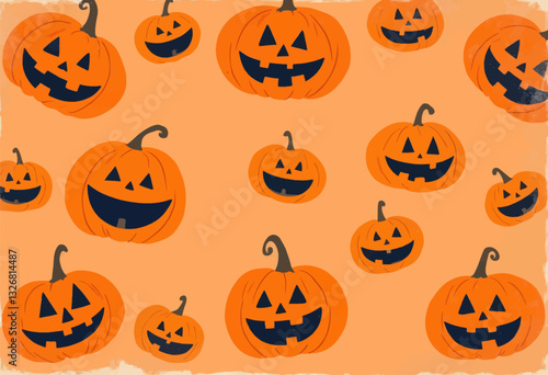 Orange background with multiple smiling jack-o-lanterns