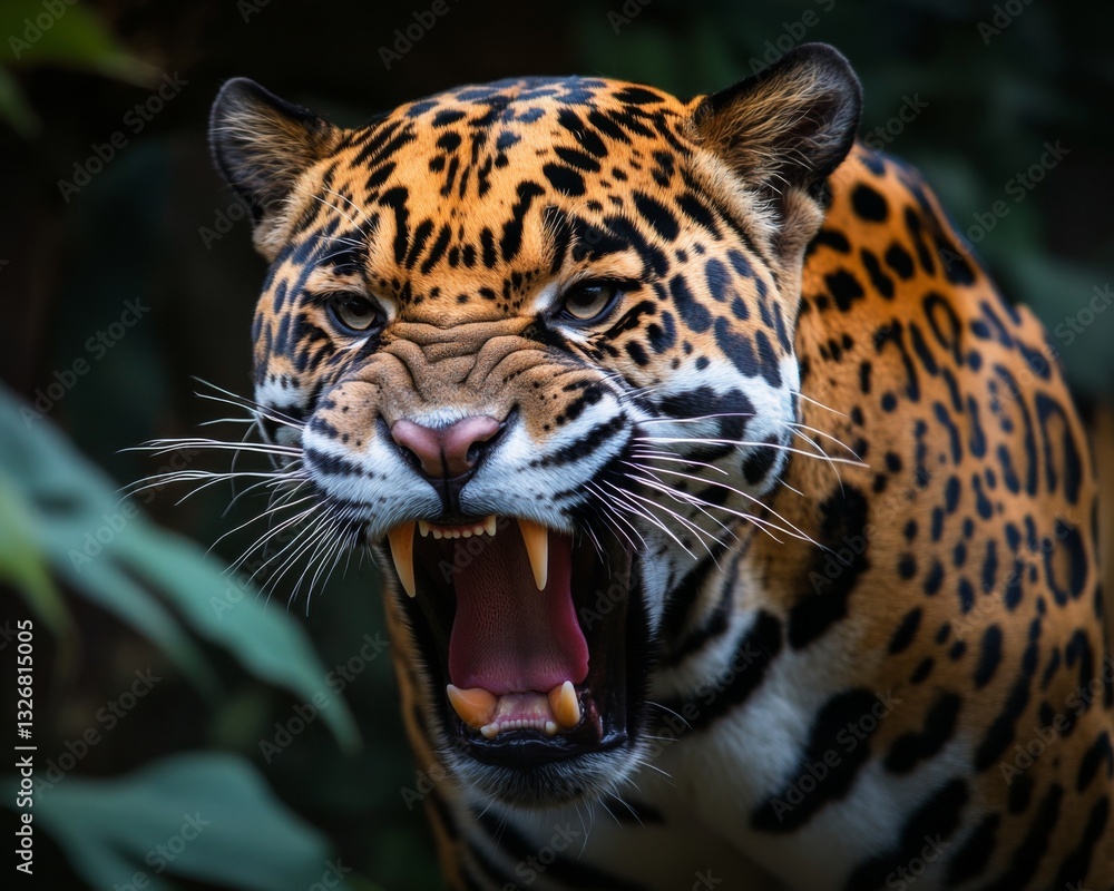 Obraz premium Close up of a jaguar with its mouth open, showing sharp teeth. The jaguar's fur is orange and black, and its eyes are intense. The background is dark