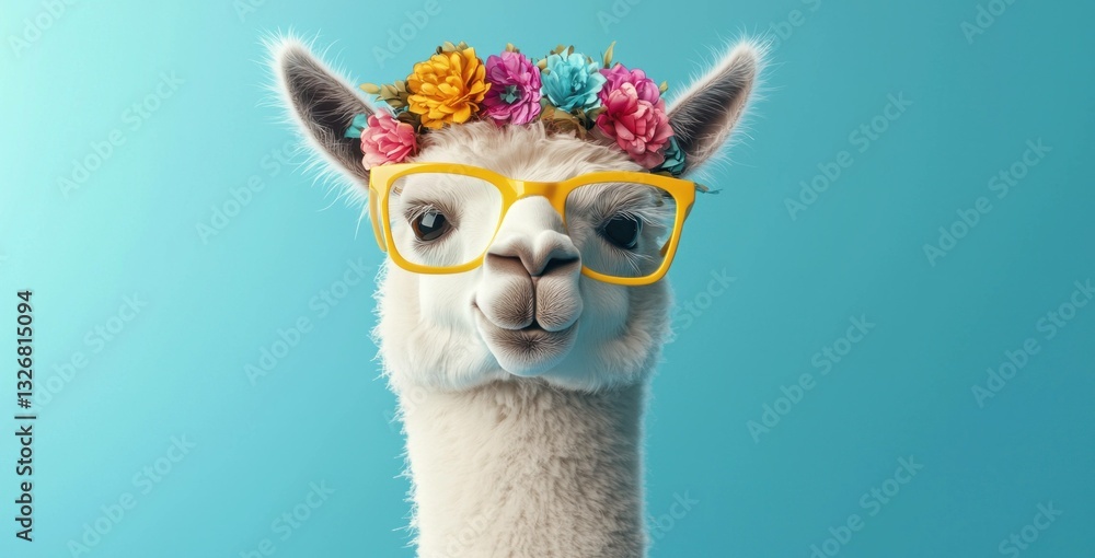 Fototapeta premium A stylish alpaca wearing bright yellow glasses and a flower crown against a vibrant blue background, embodying a playful and whimsical concept in a colorful setting