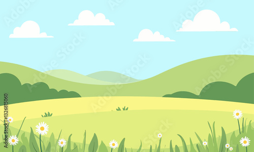 Pastoral Green Hills with Daisy Flowers Cartoon Landscape