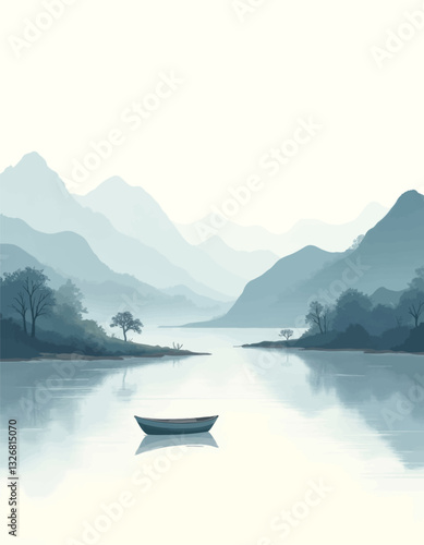 Peaceful blue landscape with boat and misty mountains