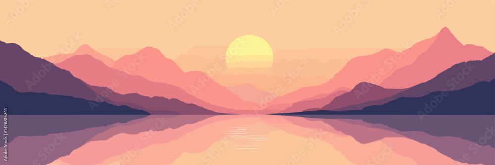 Pink and purple mountains reflected in water at sunset Pink and purple mountains reflected in water at sunset