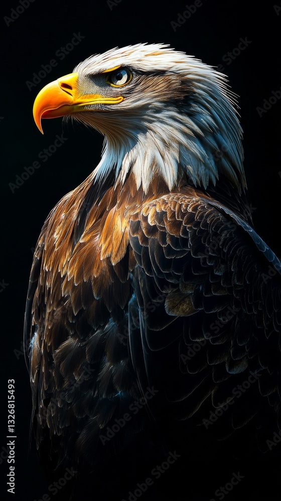 Obraz premium Majestic bald eagle portrait, brown and white feathers, intense gaze, dark background, dramatic lighting