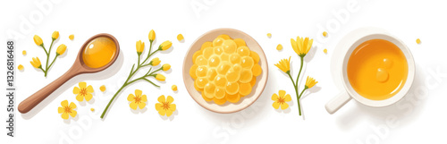 Rapeseed honey, flower, tapioca balls, and drink illustration on white