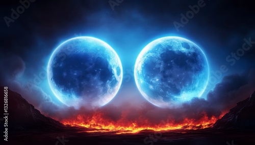 Two luminous blue moons illuminate a fiery landscape at night. Dark, smoky clouds fill the sky above the burning ground. The scene evokes a sense of apocalyptic drama.