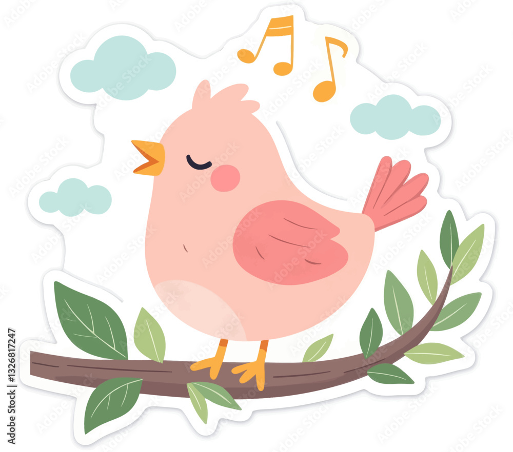 Singing Pink Bird on Branch with Musical Notes Singing Pink Bird on Branch with Musical Notes
