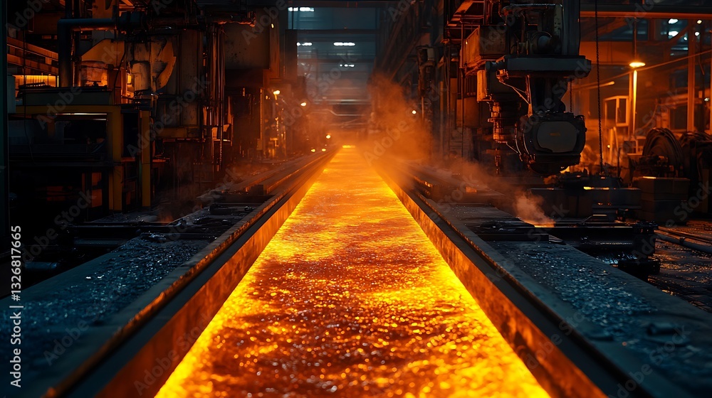 Fototapeta premium Molten Metal Flowing in a Foundry Hot and Industrial