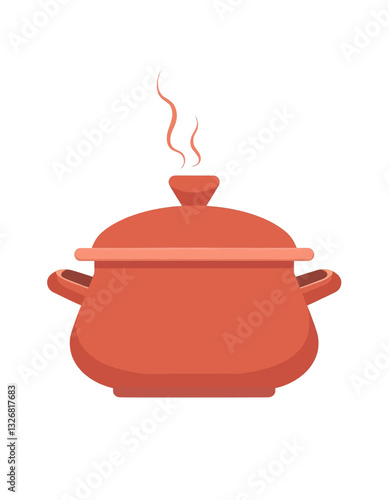 Steaming terracotta pot with lid isolated on white