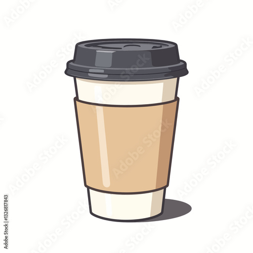 Stylized coffee cup with black lid and cardboard sleeve