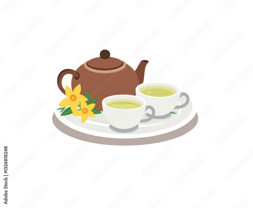 Fototapeta premium Tea Set with Yellow Flowers on a White Tray