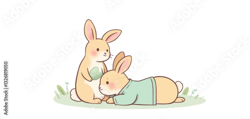 Two affectionate bunnies in light pastel colors on grass