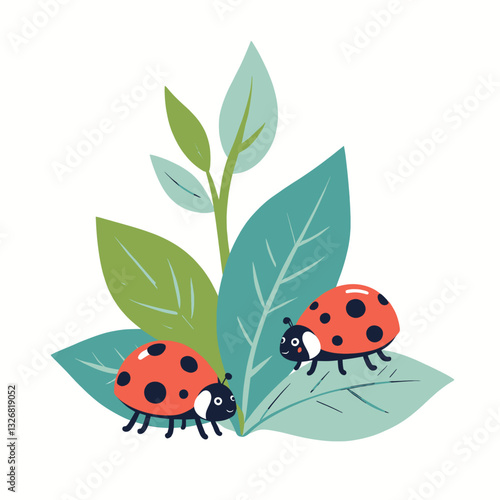 Two ladybugs on green and blue leaves