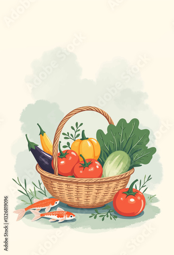 Vegetable Basket with Koi Fish Illustration