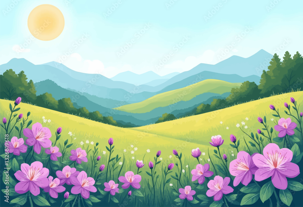 Fototapeta premium Watercolor Meadow With Purple Flowers and Distant Mountains